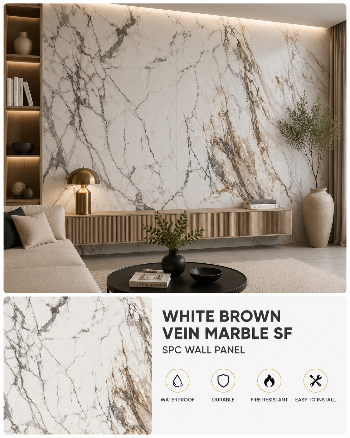 White Brown Vein Marble SPC Wall Panel