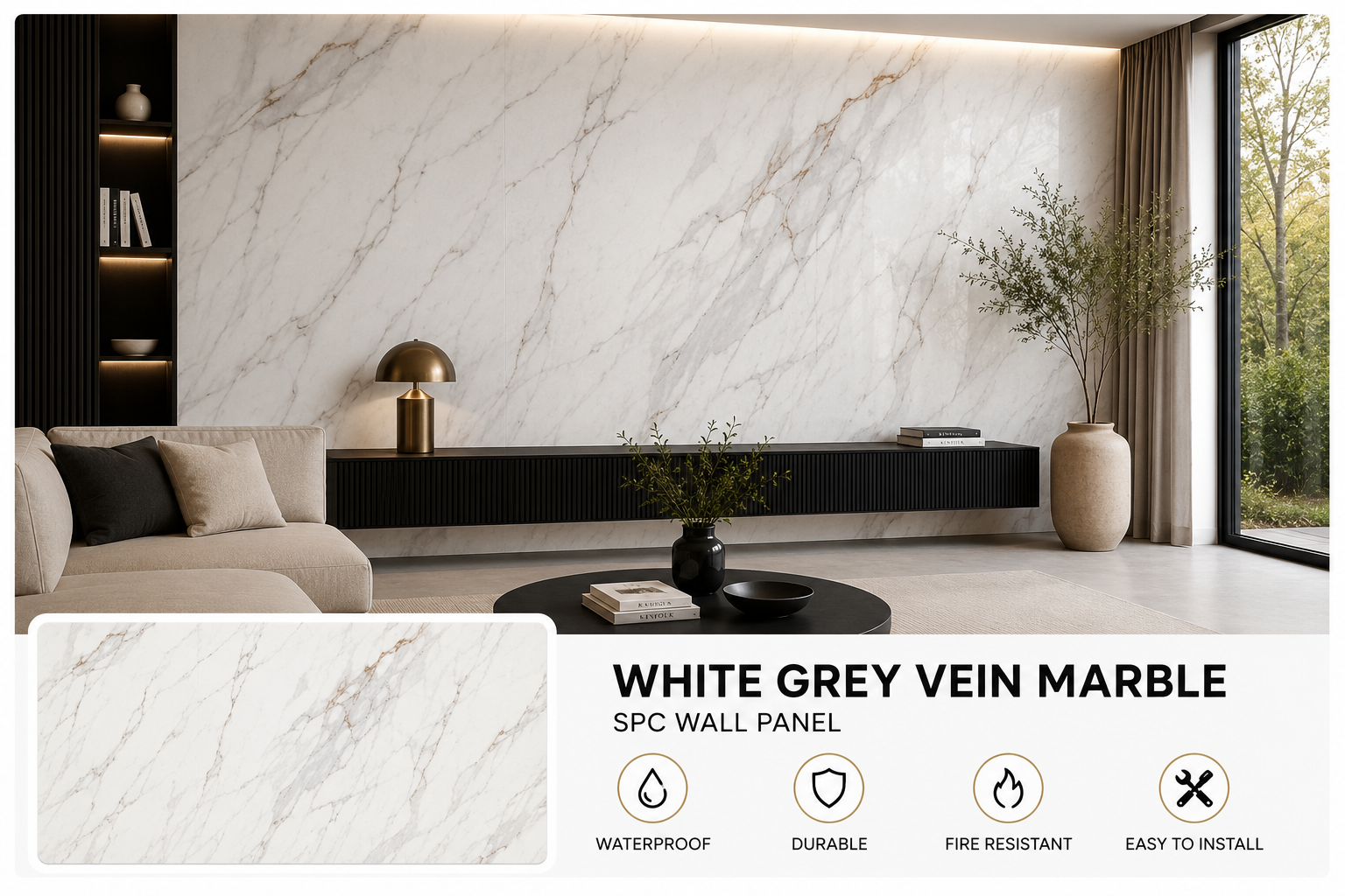 White Grey Vein Marble SPC Wall Panel