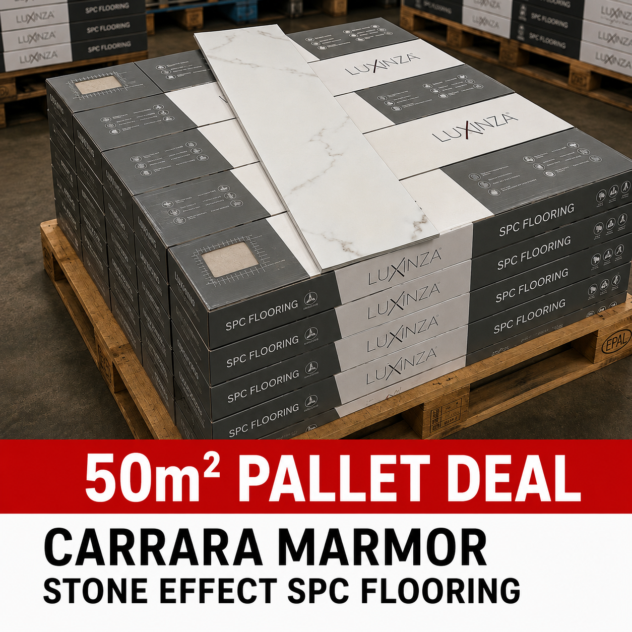 50m² Pallet Deal – Carrara Marmor Stone SPC Flooring