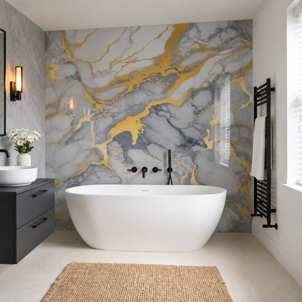 SPC Wall Panel White Gold Abstract Marble (280cm x 97cm)