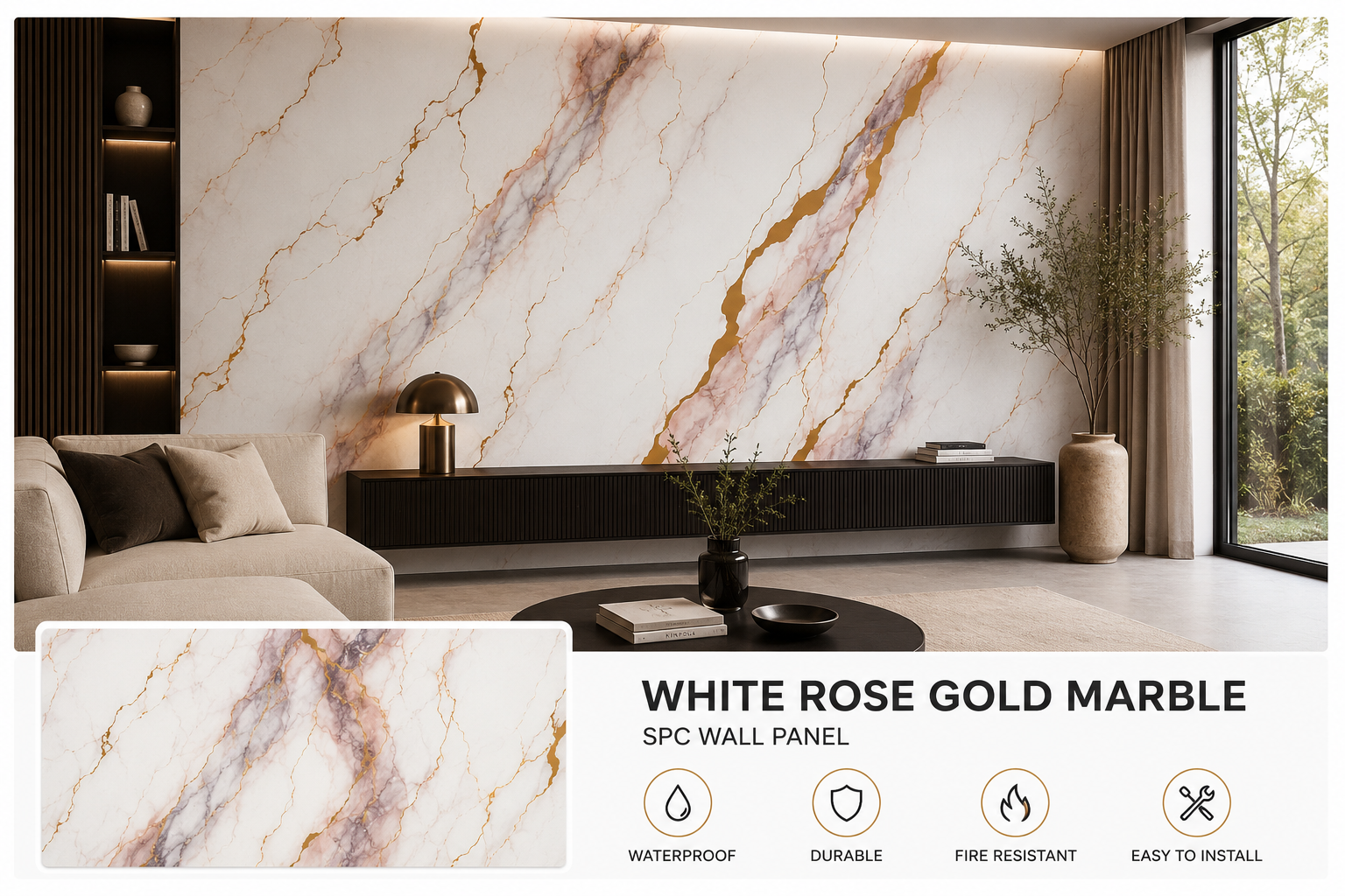 White Rose Gold Marble SPC Wall Panel