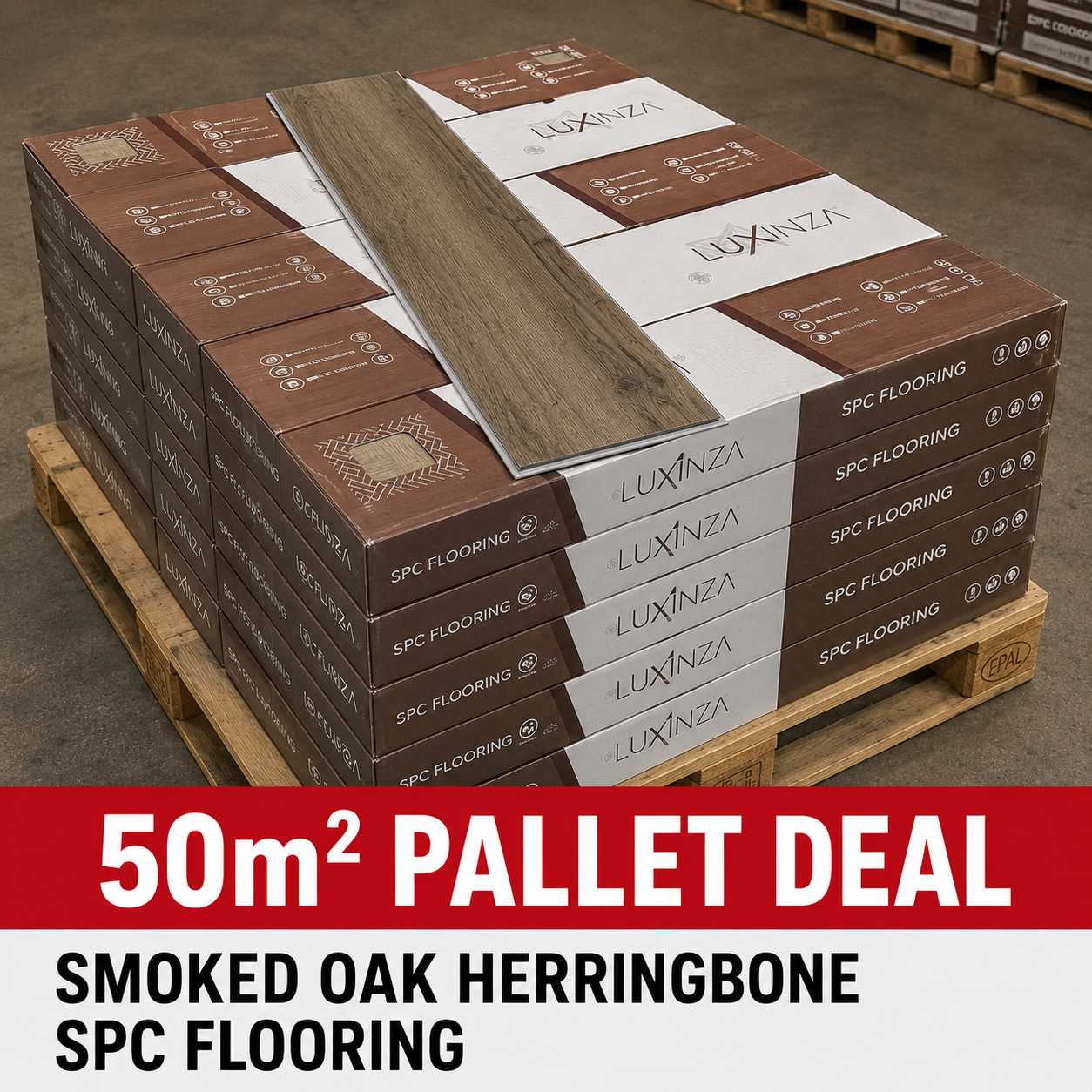 50m² Pallet Deal – Smoked Oak Herringbone SPC Flooring