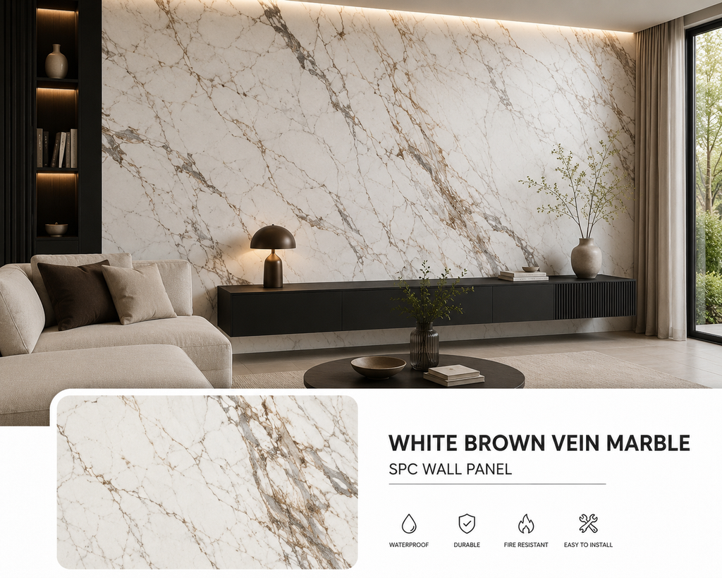 White Brown Vein Marble SPC Wall Panel
