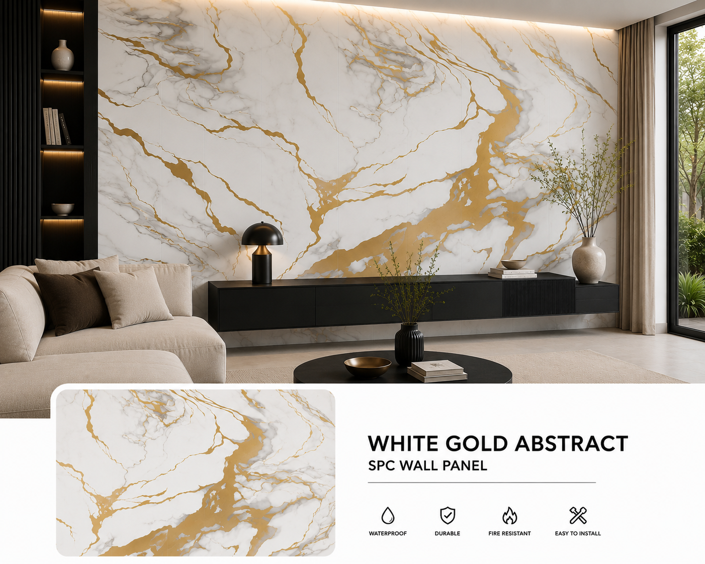 White Gold Abstract Marble SPC Wall Panel