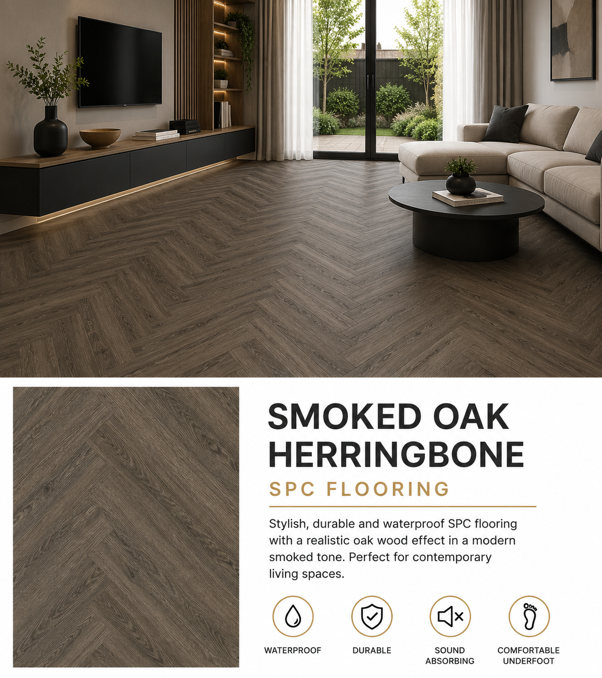 50m² Pallet Deal – Smoked Oak Herringbone SPC Flooring